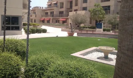 Residential courtyard lawn with shrubs and a stone fountain